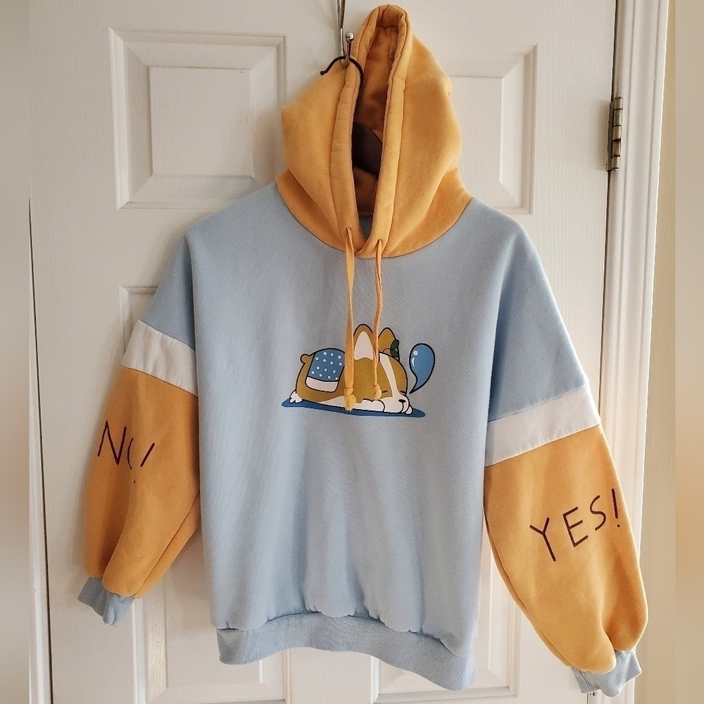 Napping Corgi Blue and Yellow Graphic Kawaii Hoodie, Adult Small